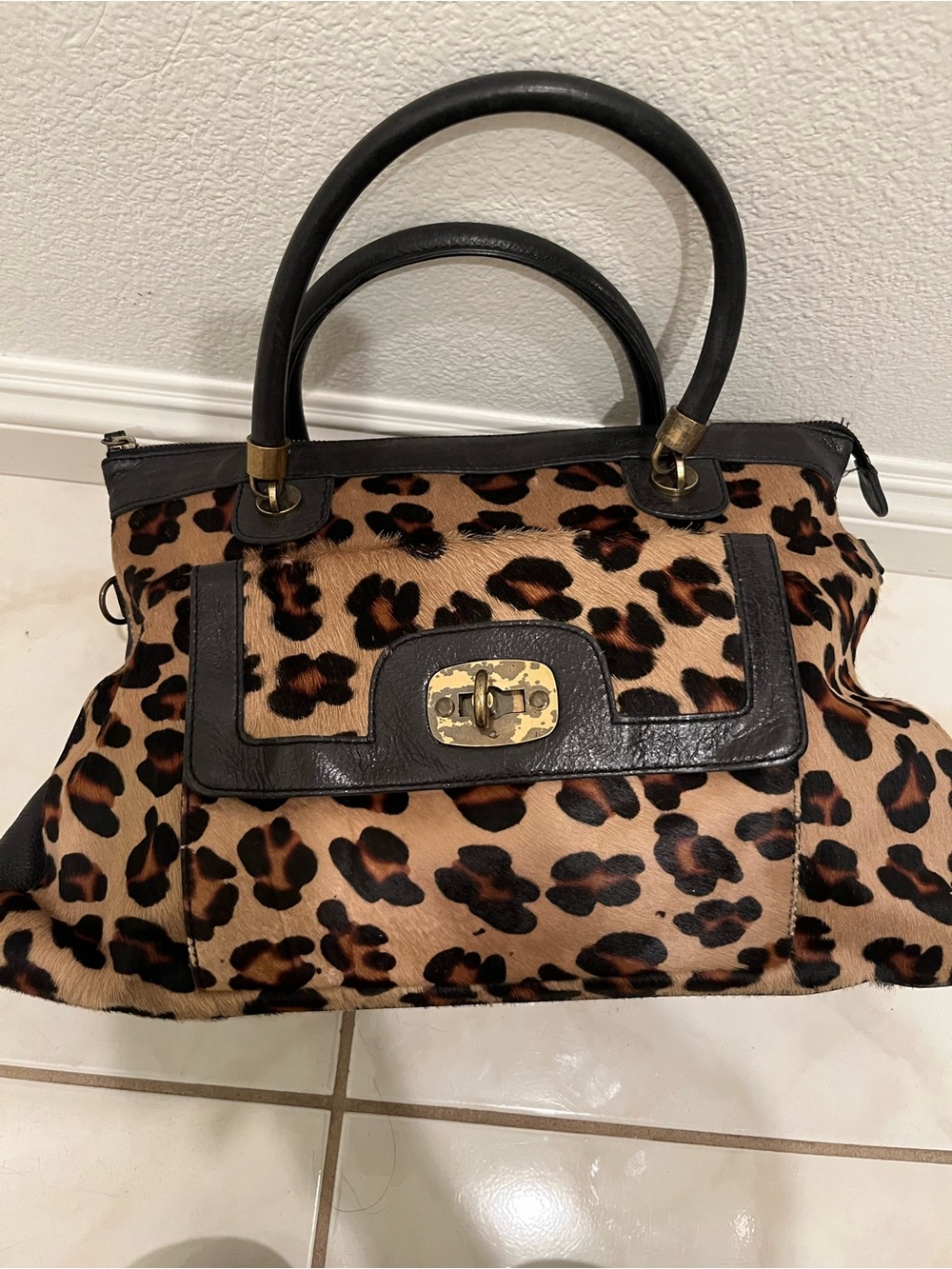 Vintage 90s Nordstrom Leopard Calf Hair & Leather Satchel Bag – Turn Lock Black - Picture 12 of 12